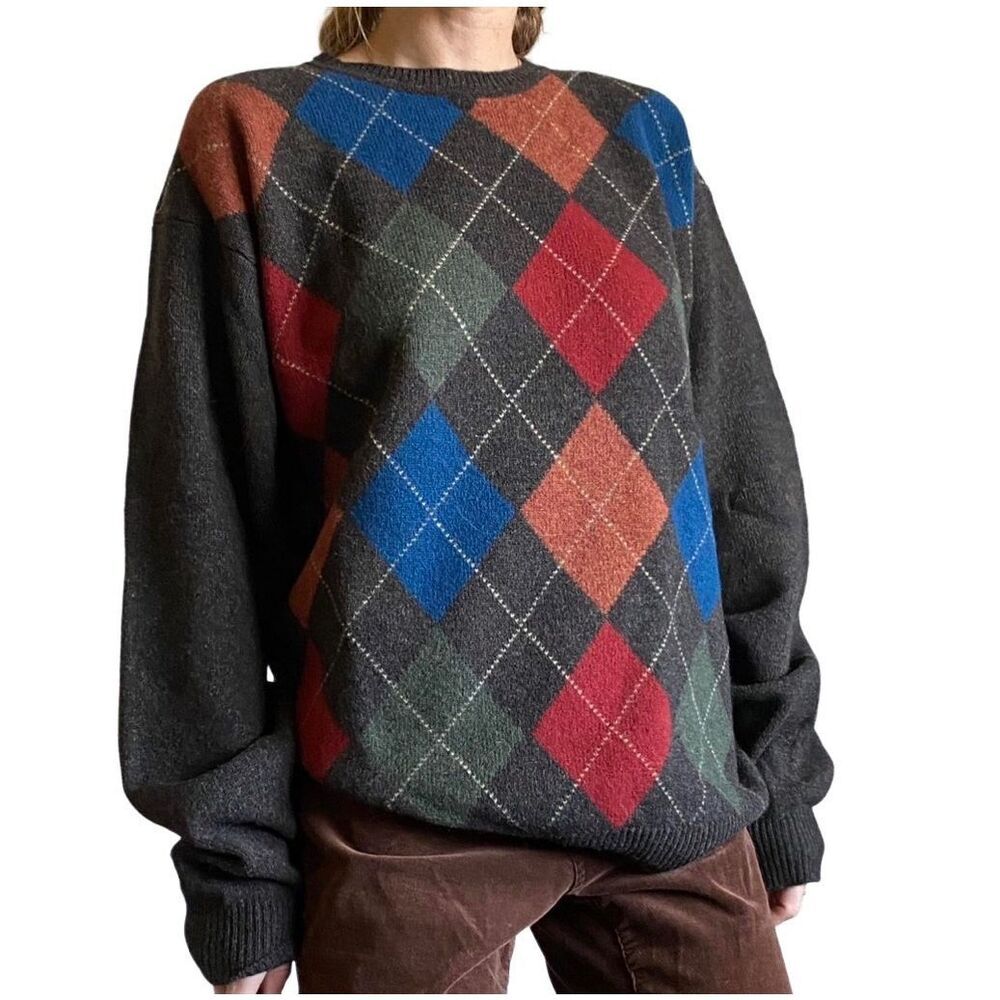 Charter Club Argyle Gray Colorful 100% Lambswool Sweater Size Medium